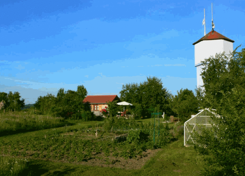 Landschaftsaufnahme mit Beet, Hecken und Bäumen, zwei Gebäude