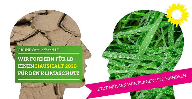 Silhouetten von zwei Personen, darauf der Text: Wir fordern für LB einen Haushalt 2020 für den Klimaschutz.