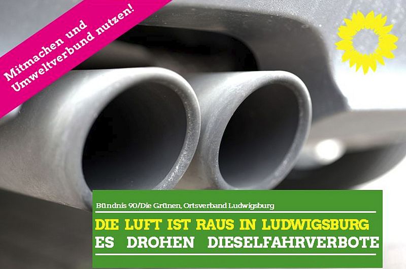 Nahaufnahme von Auspuffrohren am Auto, Text: Die Luft ist raus in Ludwigsburg, es drohen Fahrverbote.