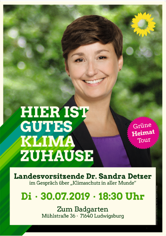Plakat mit Porträtbild von Sandra Detzer, darauf der Text: Hier ist gutes Klima zuhause.