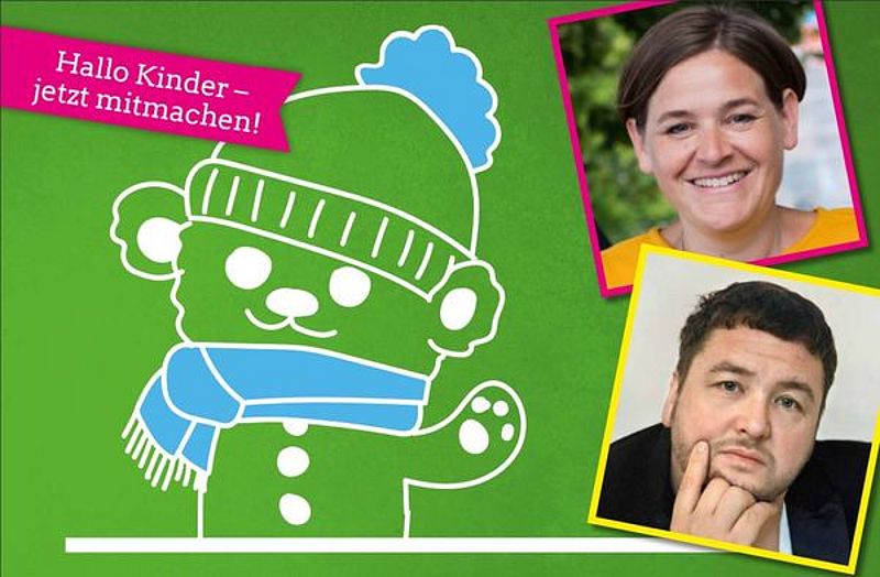 Flyer mit grünem Hintergrund und einem darauf gezeichneten Teddybär mit Pudelmütze und Schal. Rechts zwei Fotos, auf dem oberen ist Silke Gericke abgebildet.