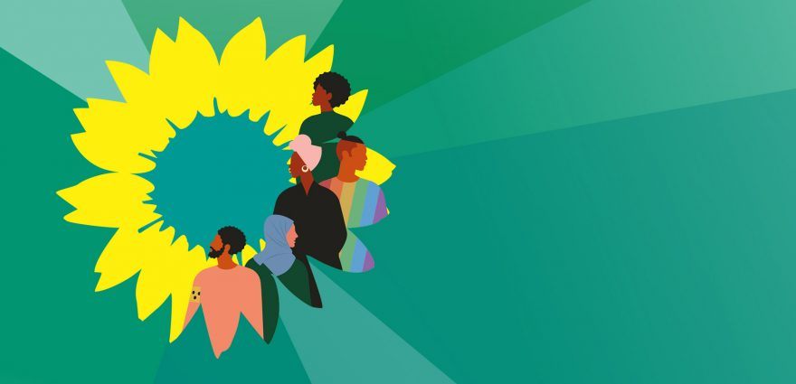 Illustration mit grünem Hintergrund und gelber Sonnenblume darauf. Auf der Sonnenblume sieht man bunte Silhouetten mehrerer Menschen.