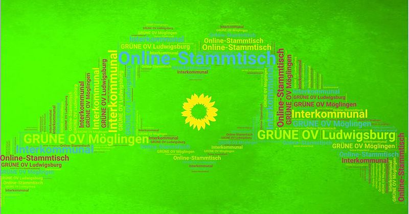 Sharepic mit grünem Hintergrund, darauf eine herzförmige Wortwolke aus den Worten Online-Stammtisch, Interkommunal, Grüne OV Ludwigsburg und Grüne OV Möglingen