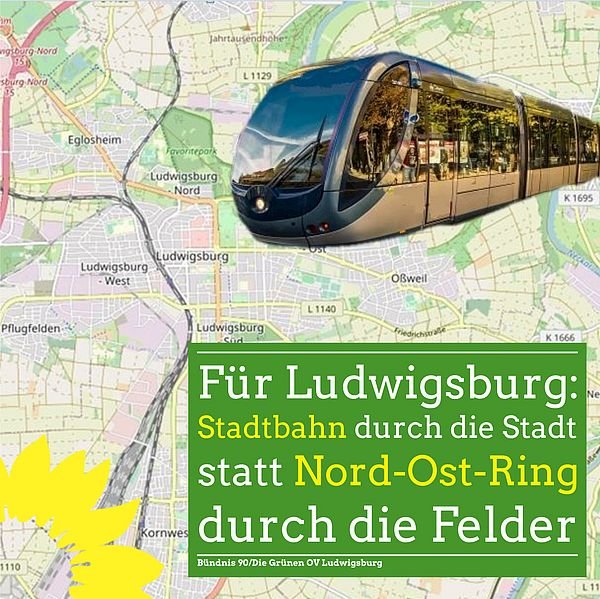 Landkarte vom Ludwigsburg, darüber eine Trambahn.