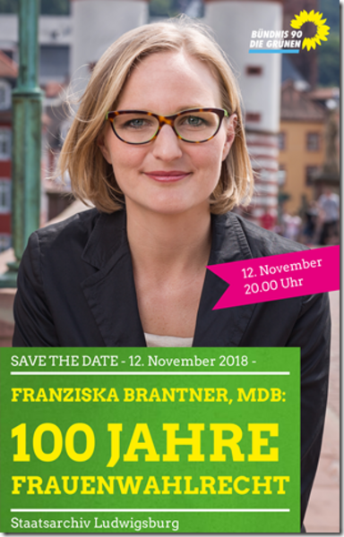 Veranstaltungsflyer mit Porträtfoto von Franziska Brantner. Aufschrift: 100 Jahre Frauenwahlrecht