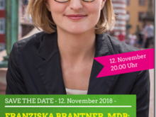 Veranstaltungsflyer mit Porträtfoto von Franziska Brantner. Aufschrift: 100 Jahre Frauenwahlrecht