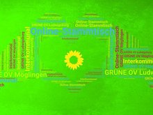 Sharepic mit grünem Hintergrund, darauf eine herzförmige Wortwolke aus den Worten Online-Stammtisch, Interkommunal, Grüne OV Ludwigsburg und Grüne OV Möglingen