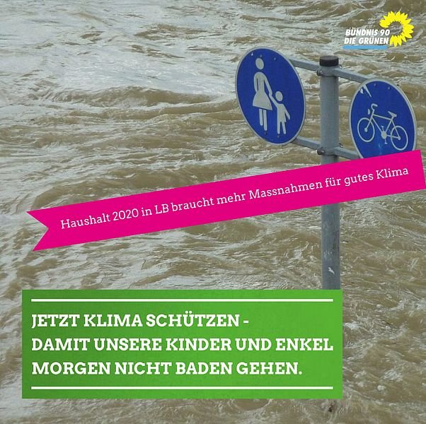 Fast überflutete Verkehrsschilder, darauf der Text: Jetzt Klima schützen, damit unsere Kinder und Enkel morgen nicht baden gehen.