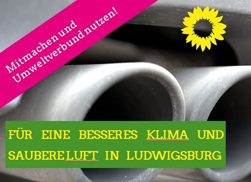 Sharepic mit Nahaufnahme eines Autoauspuffs, darauf die Aufschrift: Für ein besseres Klima und saubere Luft in Ludwigsburg.