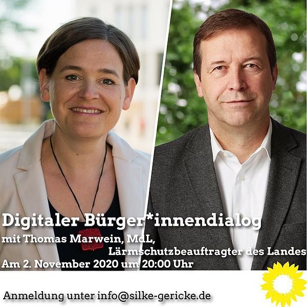 Sharepic mit Porträtfotos von Silke Gericke und Thomas Marwein, Aufschrift: Digitaler Bürger*innen-Dialog