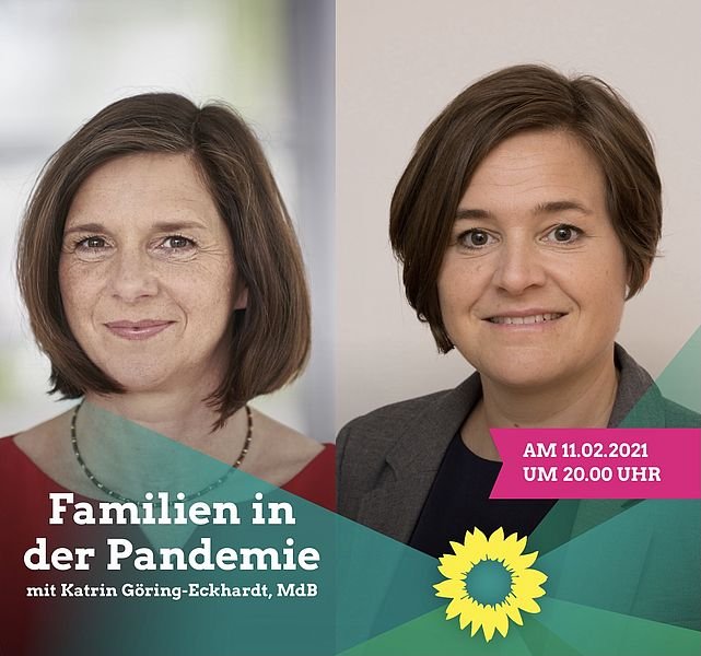 Sharepic mit Porträtfotos von Silke Gericke und Katrin Goering-Eckardt, Aufschrift: Familien in der Pandemie