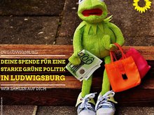 Foto von Kermit, dem Frosch, als Plüschfigur. Er hält eine Tasche in der einen und einen Geldschein in der anderen Hand. Aufschrift: Deine Spende für eine starke grüne Politik in Ludwigsburg.