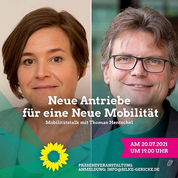 Sharepic mit Porträtfotos von Silke Gericke und Thomas Hentschel, darauf die Aufschrift: Neue Antriebe für eine Neue Mobilität