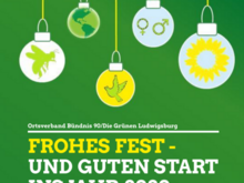 Grafik mit grünem Hintergrund, darauf Weihnachtskugeln. Text: Frohes Fest - und guten Start ins Jahr 2020