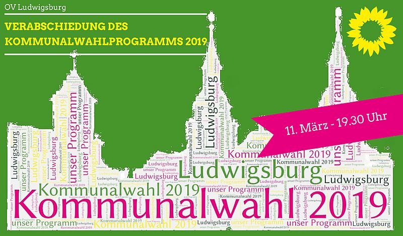 Sharepic mit der Silhouette von Ludwigsburg, darauf eine Wortwolke um die Worte: Kommunalwahl 2019, Ludwigsburg.