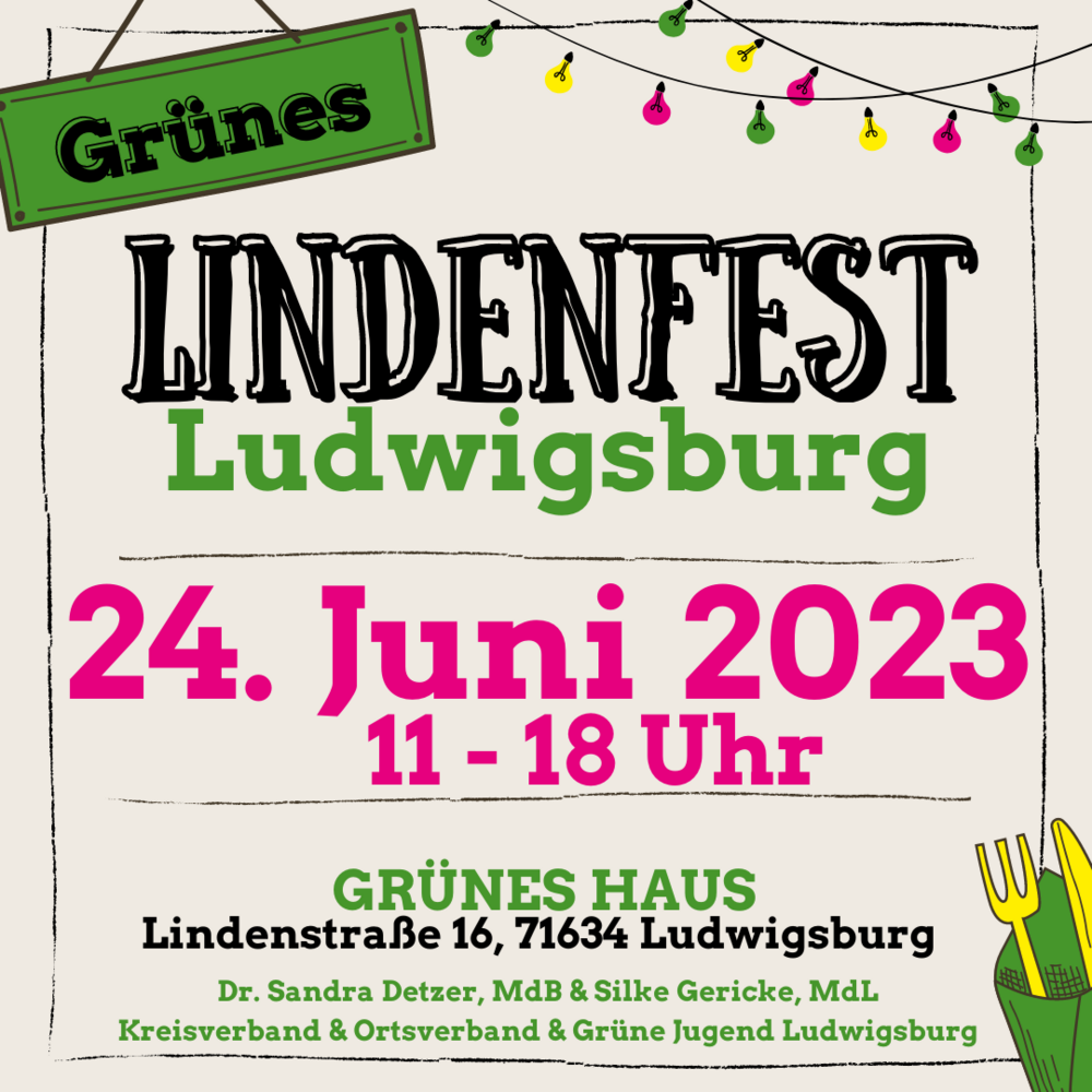 Sharepic mit der Aufschrift: Lindenfest Ludwigsburg, 24. Juni 2023, 11-18 Uhr.