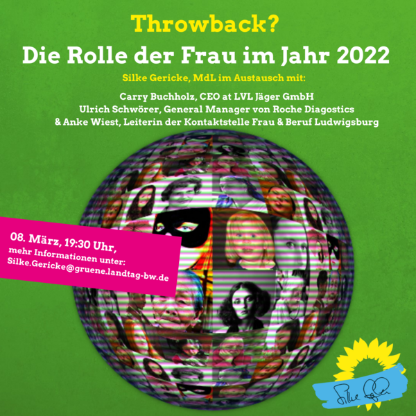 Sharepic mit einer spiegelnden Kugel, auf die diverse Fotos von unterschiedlichen Frauen projiziert sind. Aufschrift: Throwback? Die Rolle der Frau im Jahr 2022