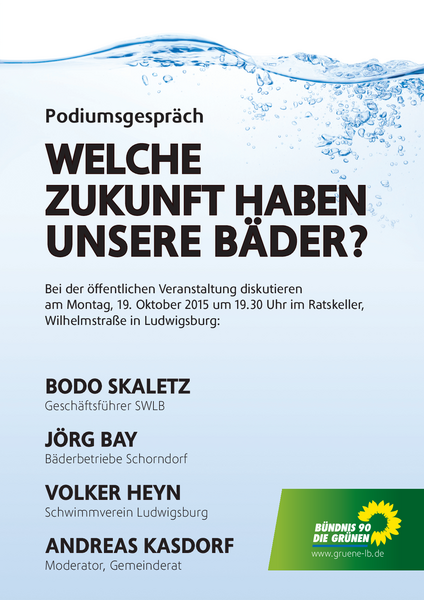 Plakat mit Bild einer kleinen Welle, Aufschrift: Welche Zukunft haben unsere Bäder?