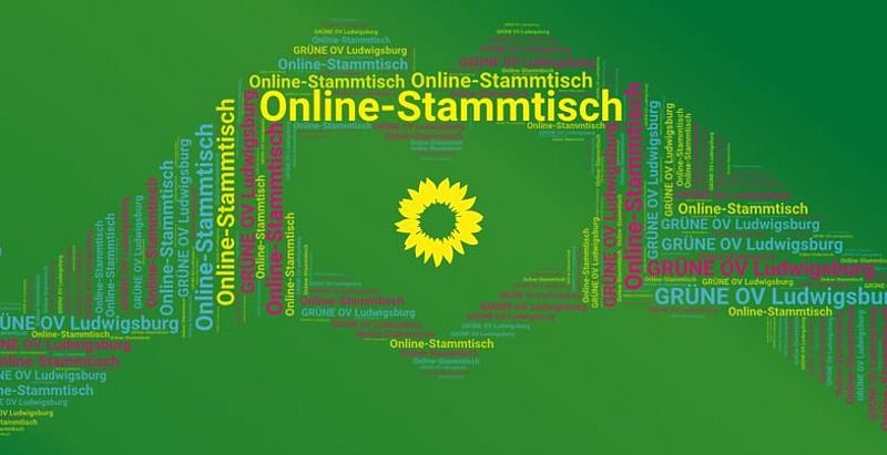 Sharepic mit grünem Hintergrund, darauf eine Wortwolke in Form zweier zum Herz geformter Hände. Text: Online-Stammtisch, OV Ludwigsburg