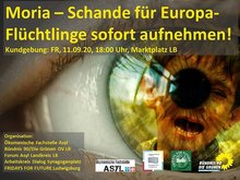 Flyer mit Detailaufnahme eines menschlichen Auges, darauf Aufschrift: Moria - Schande für Europa - Flüchtlinge sofort aufnehmen!