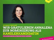 Sharepic mit einem Porträtfoto von Annalena Baerbock, darauf die Aufschrift: Wir gratulieren Annalena zur Nominierung als Kanzlerkandidatin