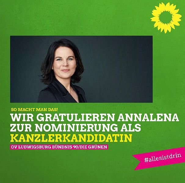 Sharepic mit einem Porträtfoto von Annalena Baerbock, darauf die Aufschrift: Wir gratulieren Annalena zur Nominierung als Kanzlerkandidatin