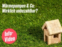 Sharepic mit grünem Rasen und einem Modellhaus aus Holz im Hintergrund. Aufschrift: Wärmepumpen & Co - wirklich unbezahlbar? Button mit der Aufschrift: Info-Video.