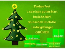 Weihnachtskarte mit geschmücktem Tannenbaum und Geschenken. Aufschrift: Frohes Fest und einen guten Start ins Jahr 2019 wüschen Euch die Ludwigsburger GRÜNEN.