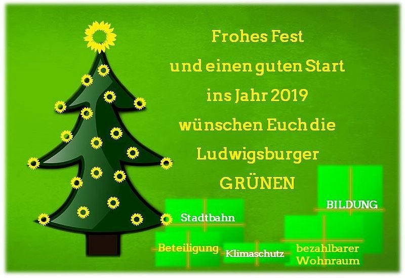 Weihnachtskarte mit geschmücktem Tannenbaum und Geschenken. Aufschrift: Frohes Fest und einen guten Start ins Jahr 2019 wüschen Euch die Ludwigsburger GRÜNEN.